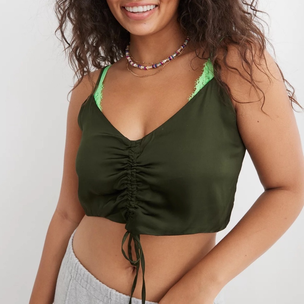 Aerie Satin Cinched Cropped Tank Top Olive - Picture 4 of 9